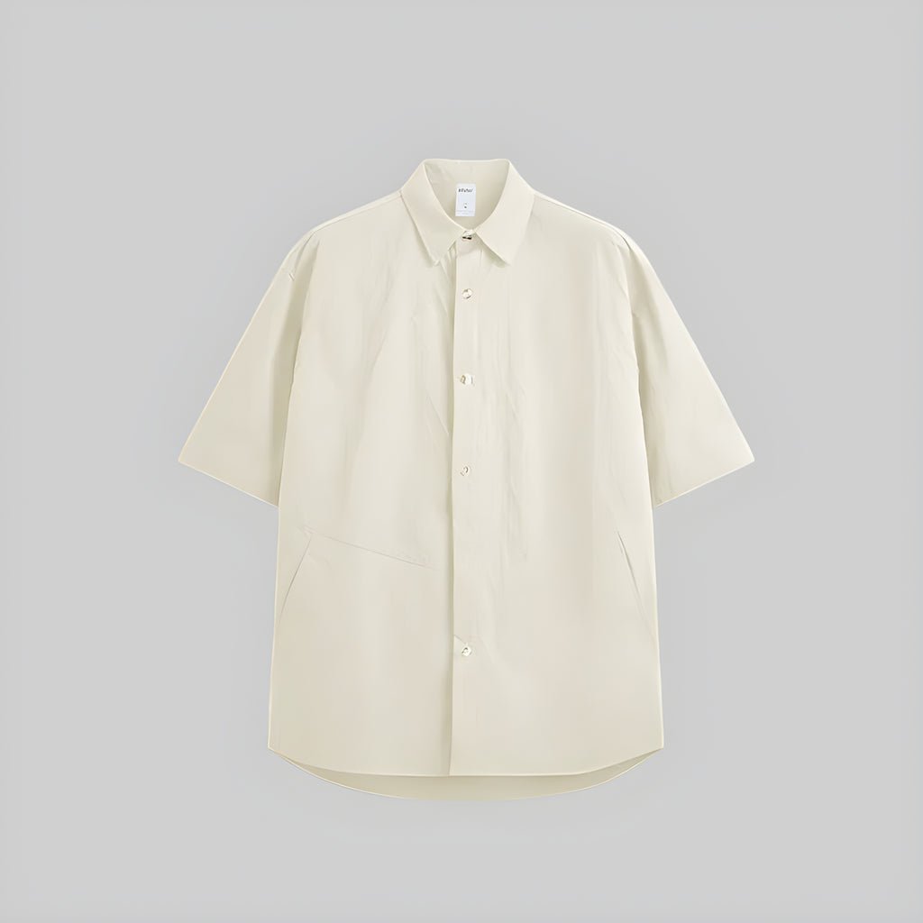 Cream jacquard short-sleeve button-up shirt with point collar and button placket