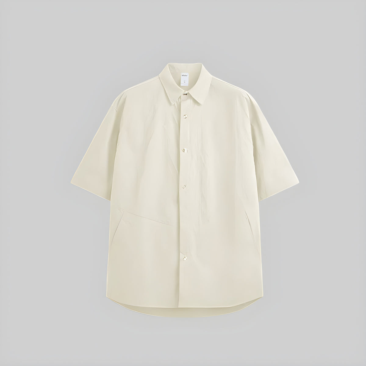 Cream jacquard short-sleeve button-up shirt with point collar and button placket