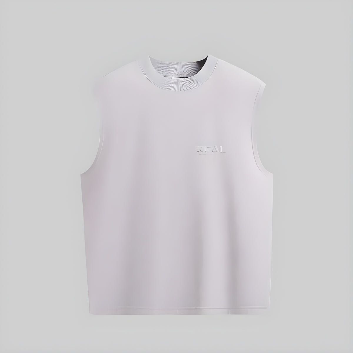 Pale sleeveless vest with flocked chest logo, flat lay