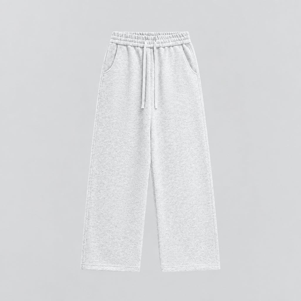 Light heather gray relaxed sweatpants with elastic waistband and drawstring, wide straight legs