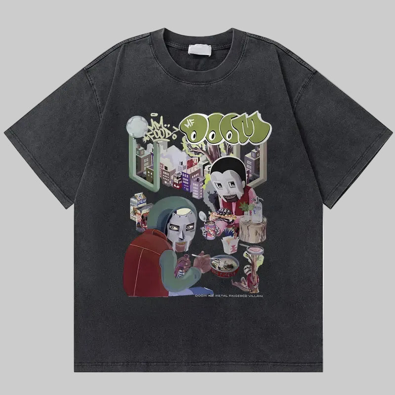 Dark charcoal retro graphic tee with colorful alien characters artwork on the front
