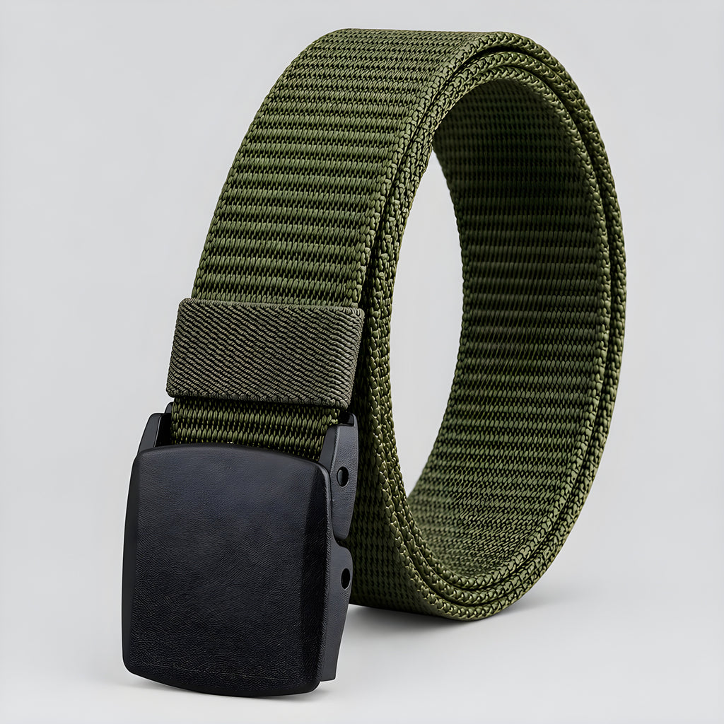 Canvas utility belt with olive-green webbing and rectangular plastic buckle