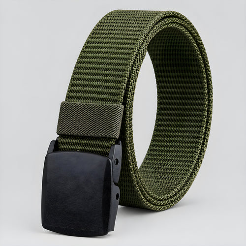 Canvas utility belt with olive-green webbing and rectangular plastic buckle