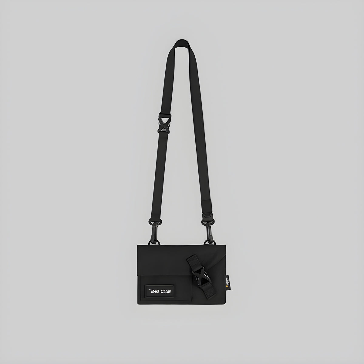 Slim crossbody bag with adjustable shoulder straps, black body, front patch pocket