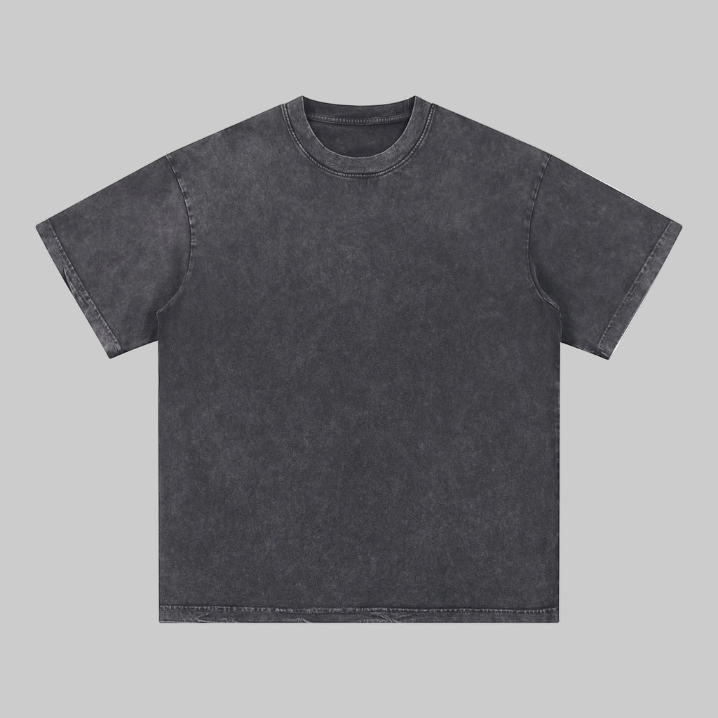 Distressed crew-neck short-sleeve tee in charcoal dark gray