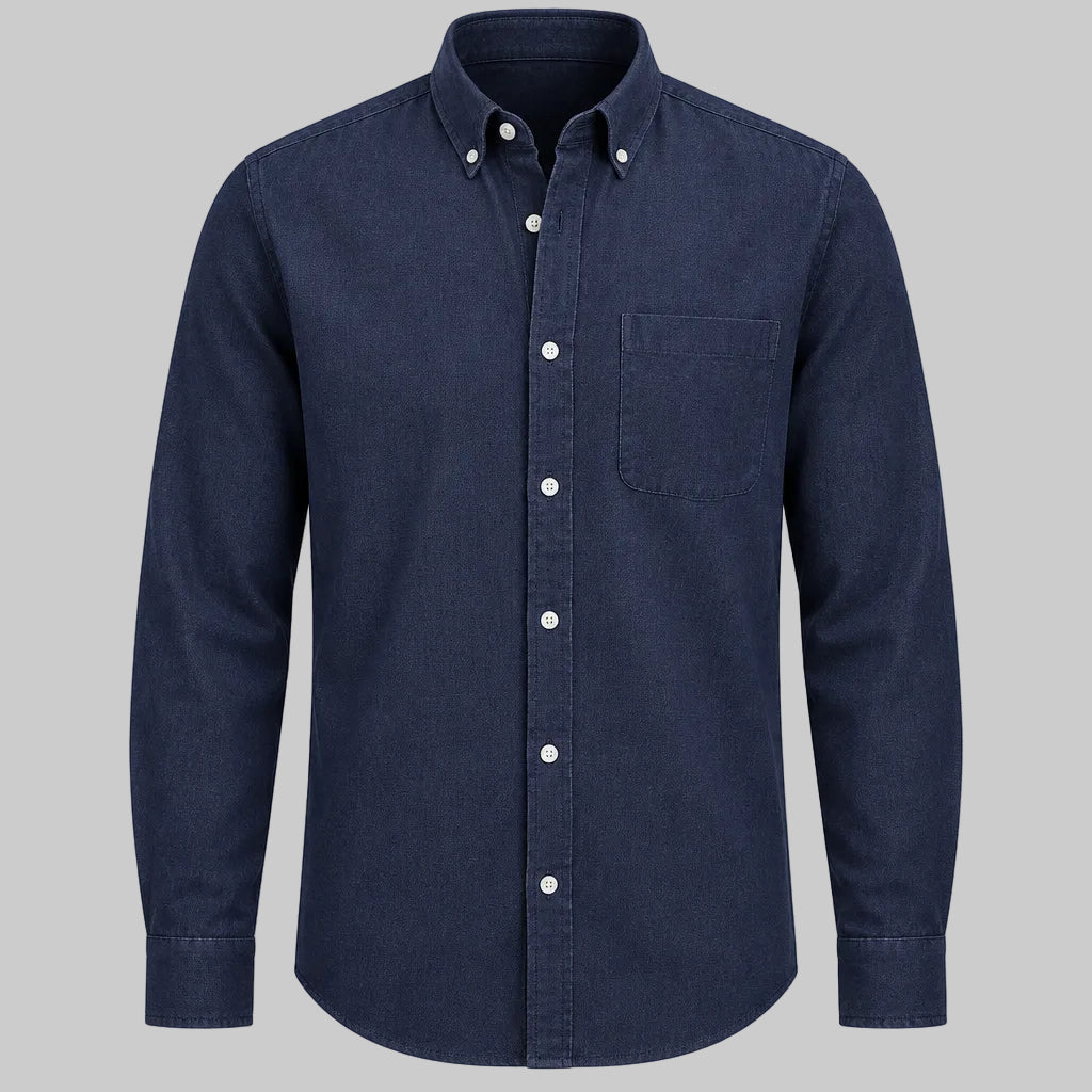 Navy long-sleeve lapel button-up shirt with chest pocket and button front.