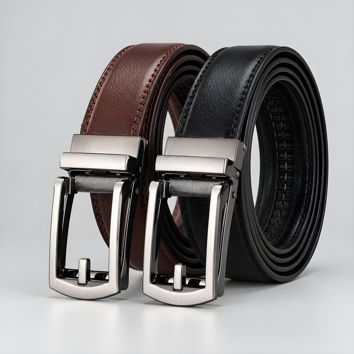Canvas utility belt with walnut and obsidian leather straps and silver metal buckles