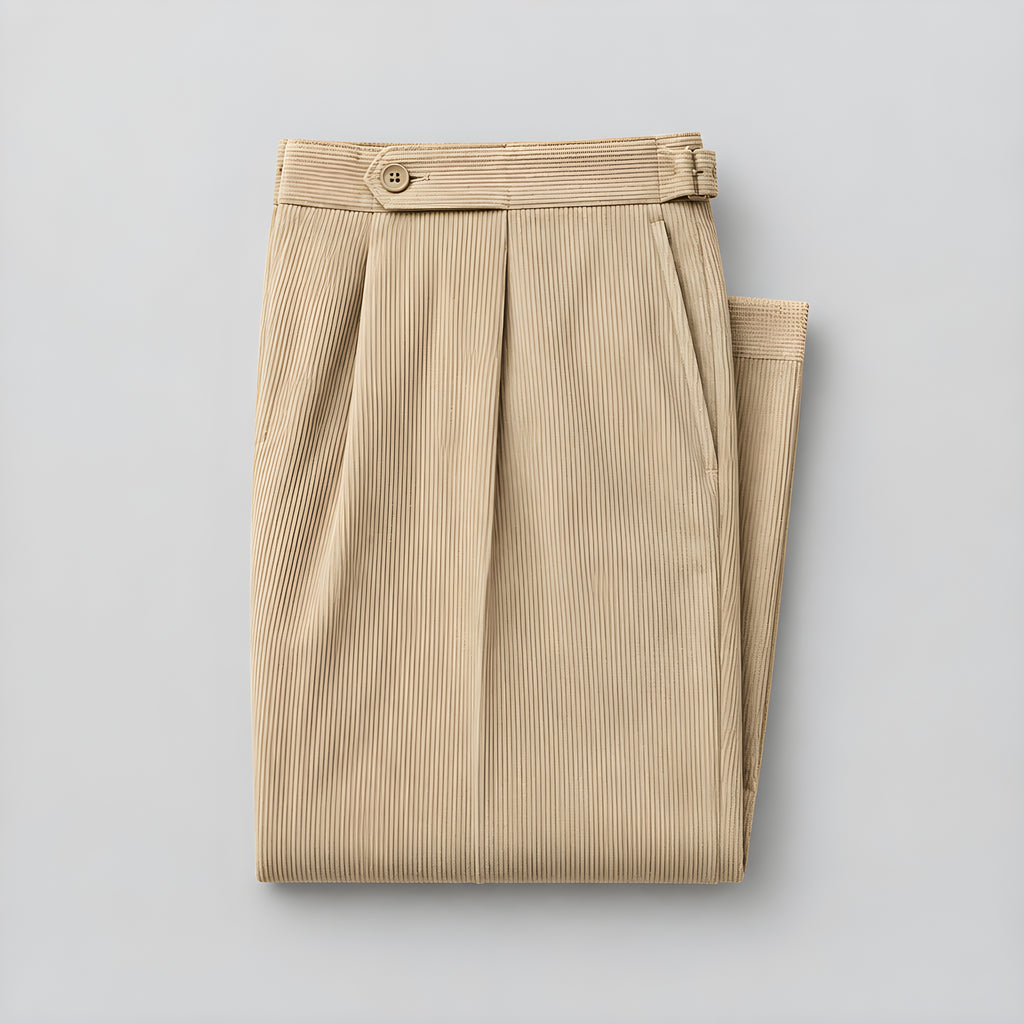 Stone corduroy drape trousers with pleated front and button waist