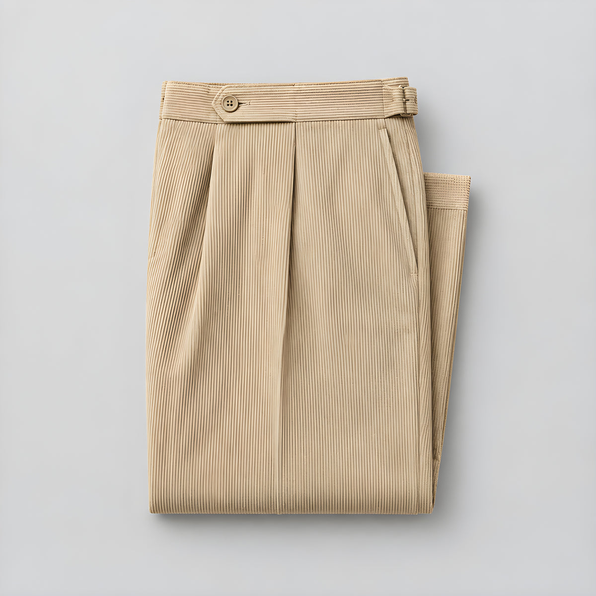 Stone corduroy drape trousers with pleated front and button waist