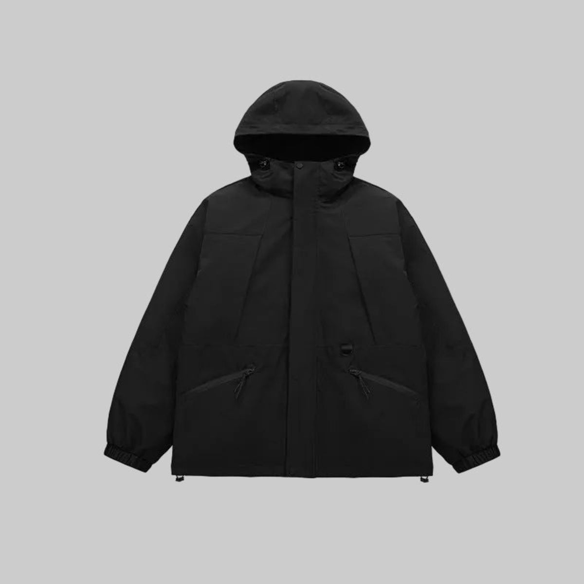 Black 3-in-1 hooded jacket with zip front and detachable inner layer
