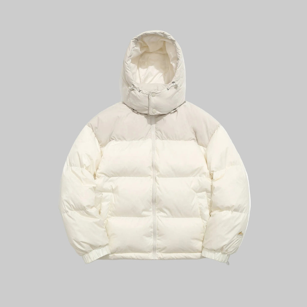 Hooded down puffer jacket in ivory with full-zip front and ribbed cuffs