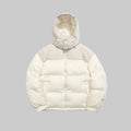 Hooded down puffer jacket in ivory with full-zip front and ribbed cuffs