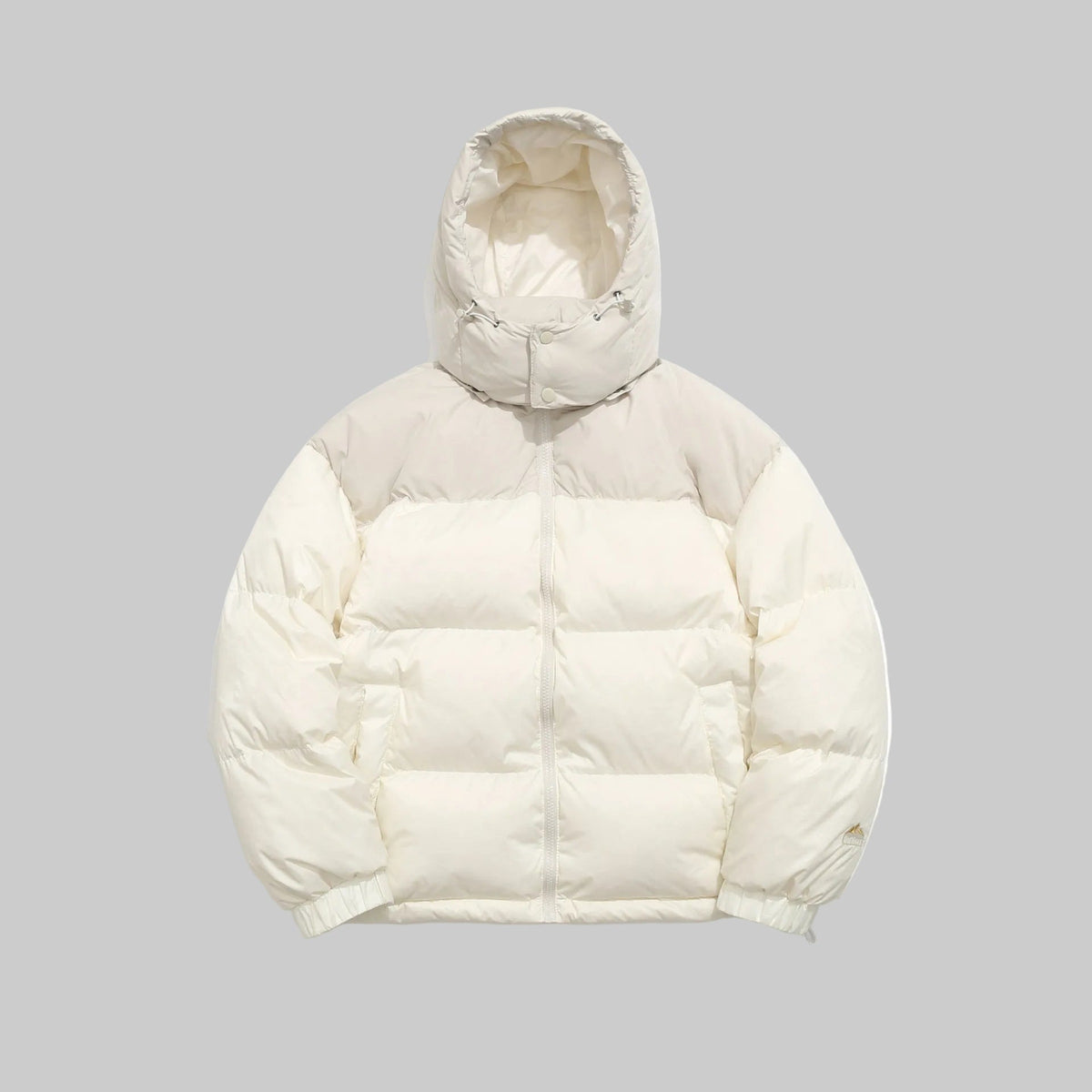 Hooded down puffer jacket in ivory with full-zip front and ribbed cuffs