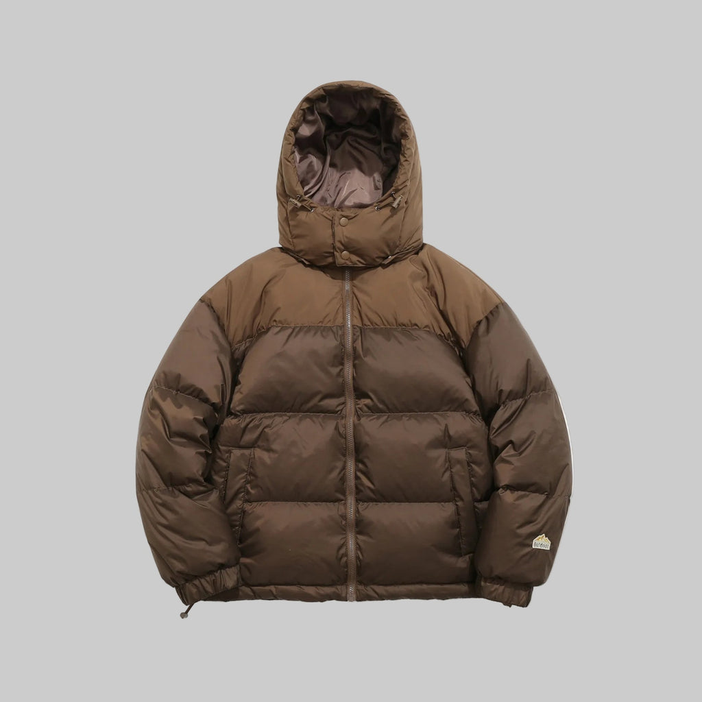 Hooded down puffer jacket in walnut brown with full-zip front and ribbed cuffs