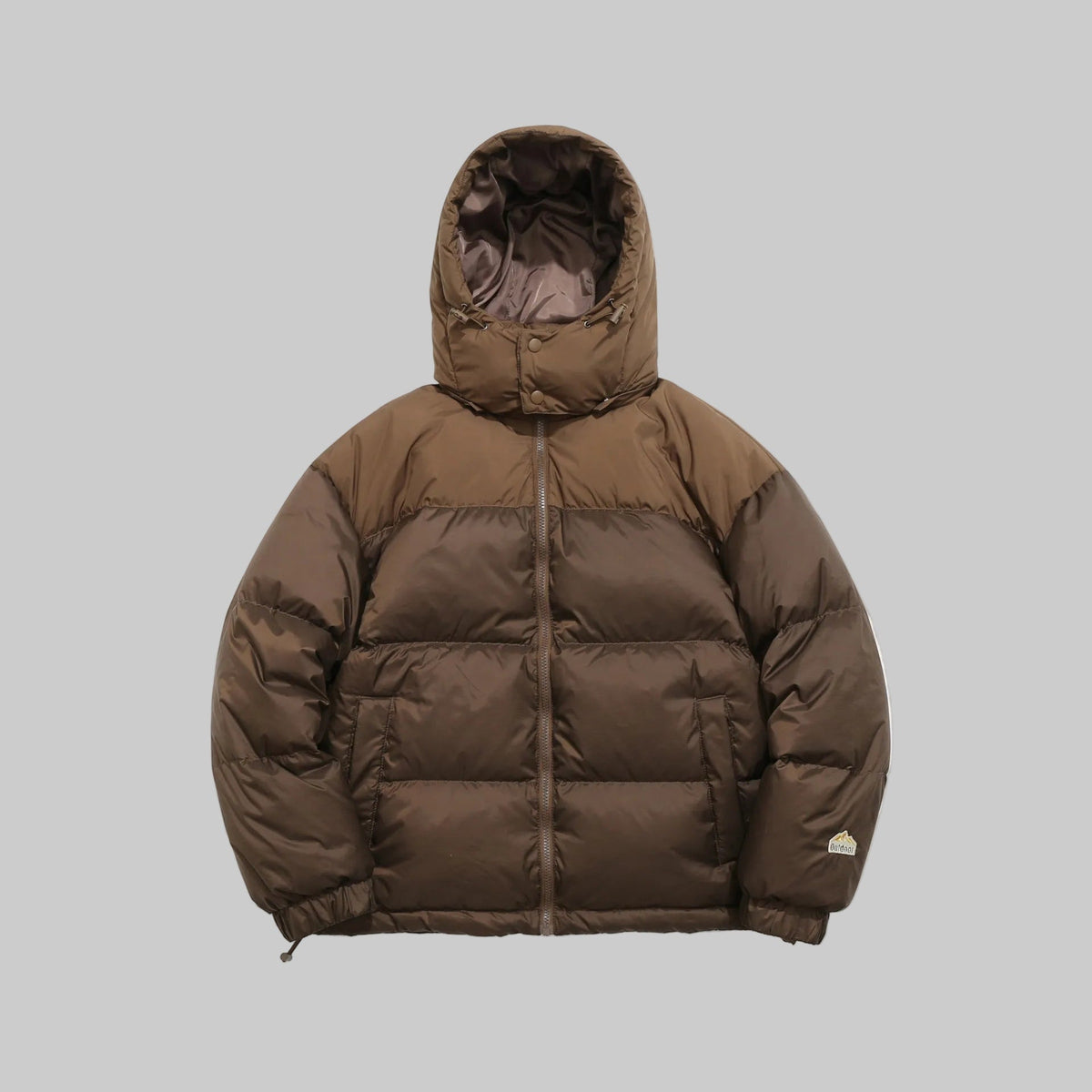 Hooded down puffer jacket in walnut brown with full-zip front and ribbed cuffs