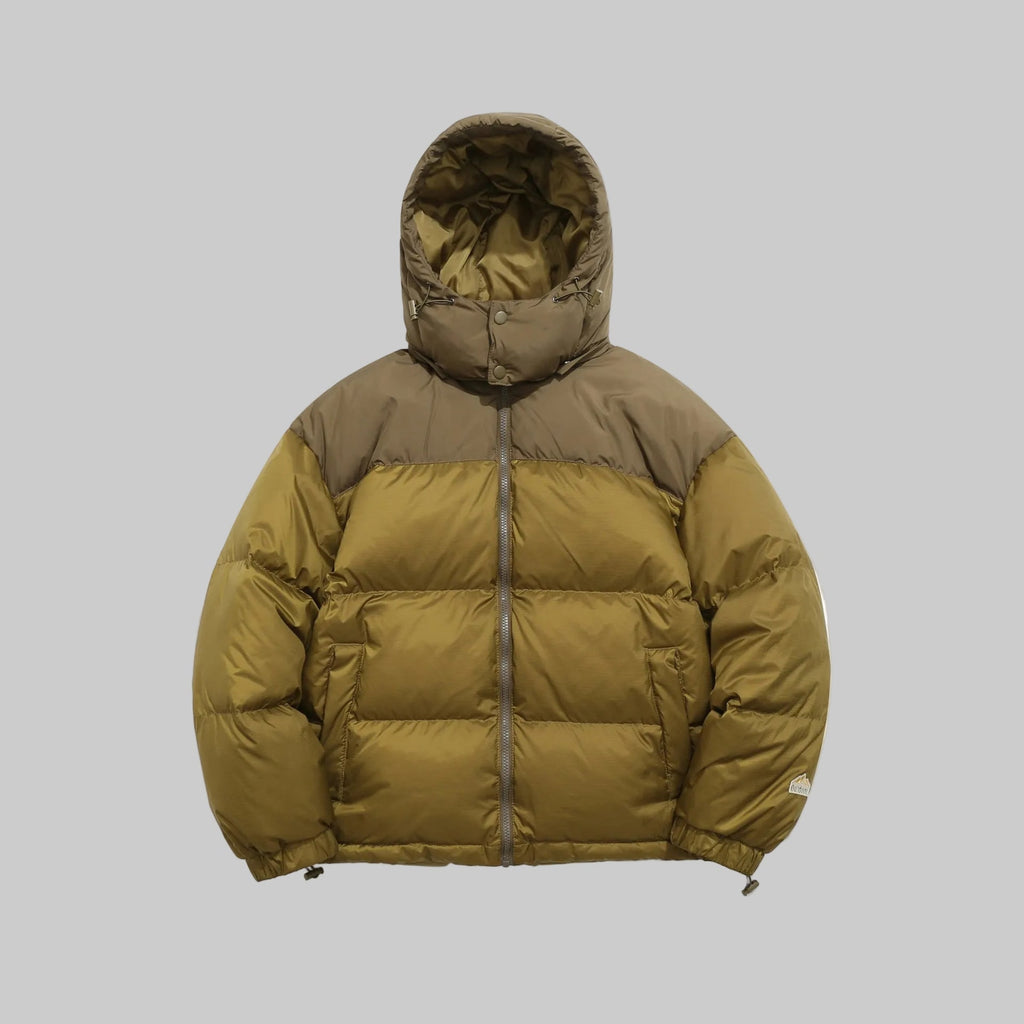 Hooded down puffer jacket in olive green with full-zip front and ribbed cuffs