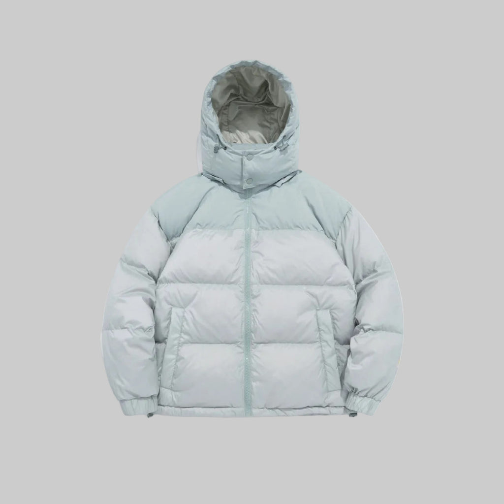 Hooded down puffer jacket in powder blue with full-zip front and ribbed cuffs