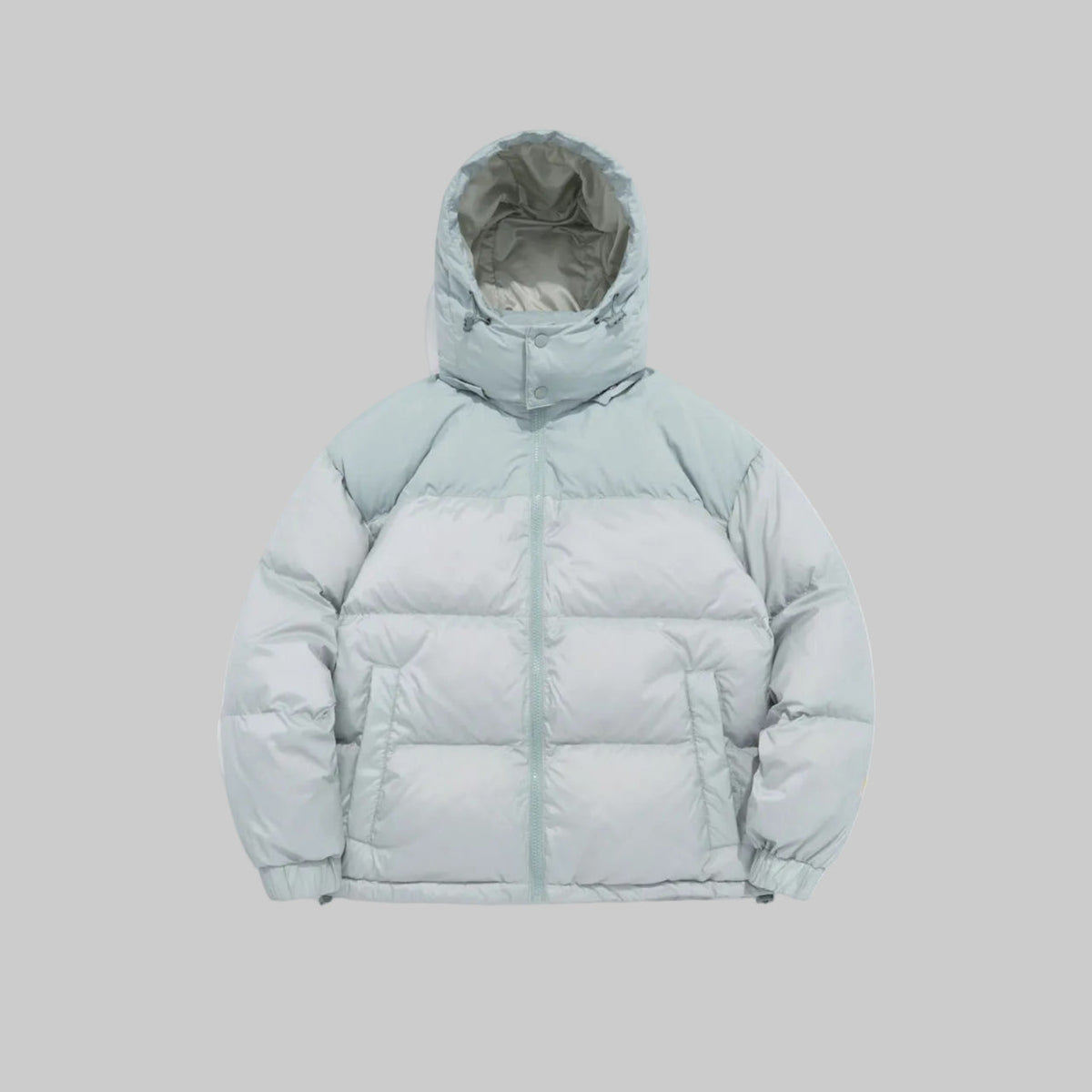 Hooded down puffer jacket in powder blue with full-zip front and ribbed cuffs