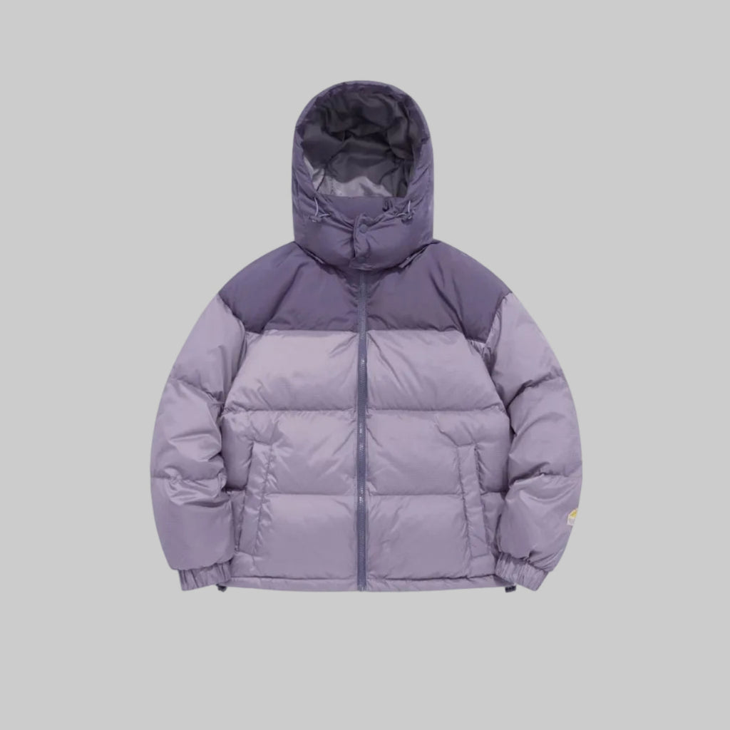 Hooded down puffer jacket in violet purple with full-zip front and ribbed cuffs