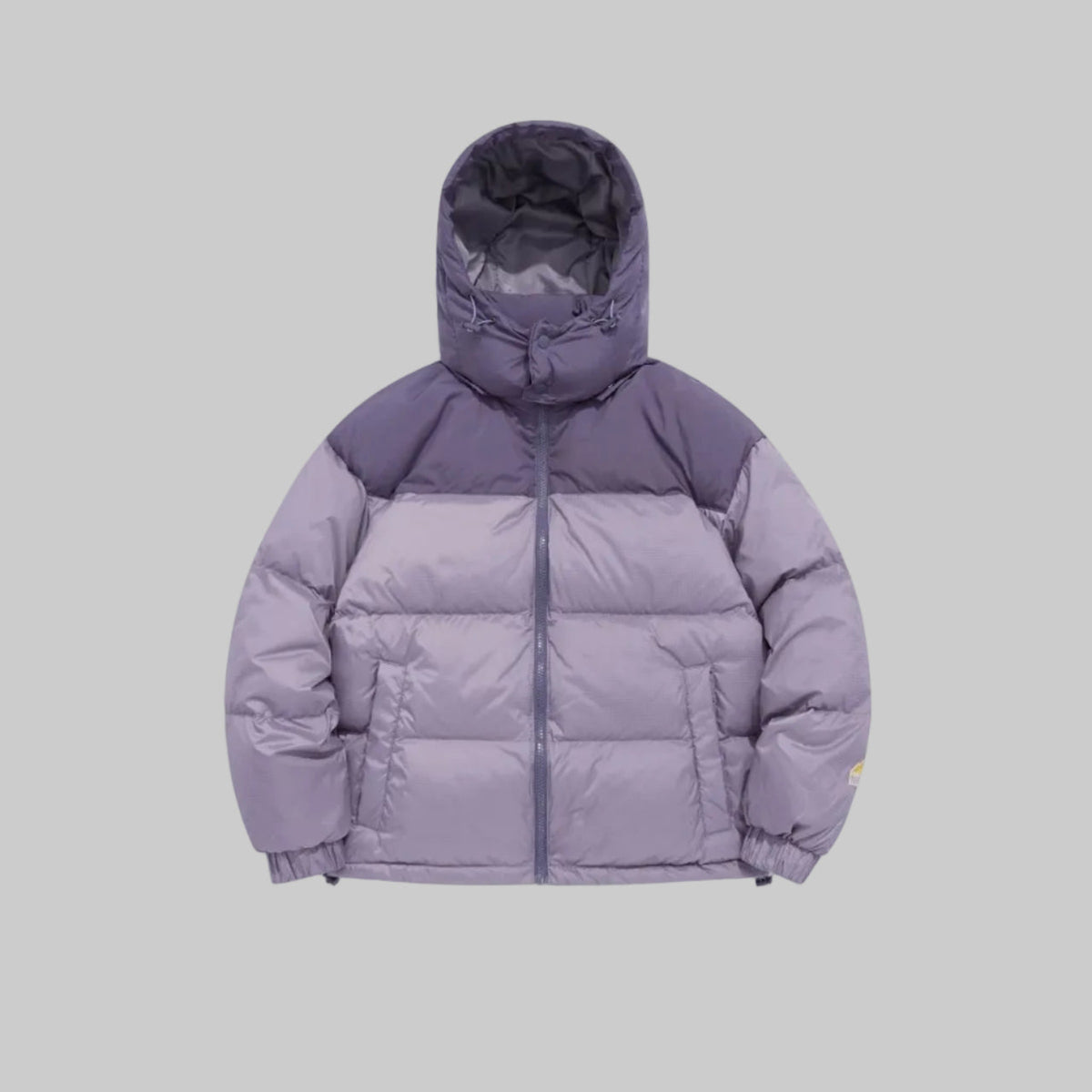 Hooded down puffer jacket in violet purple with full-zip front and ribbed cuffs