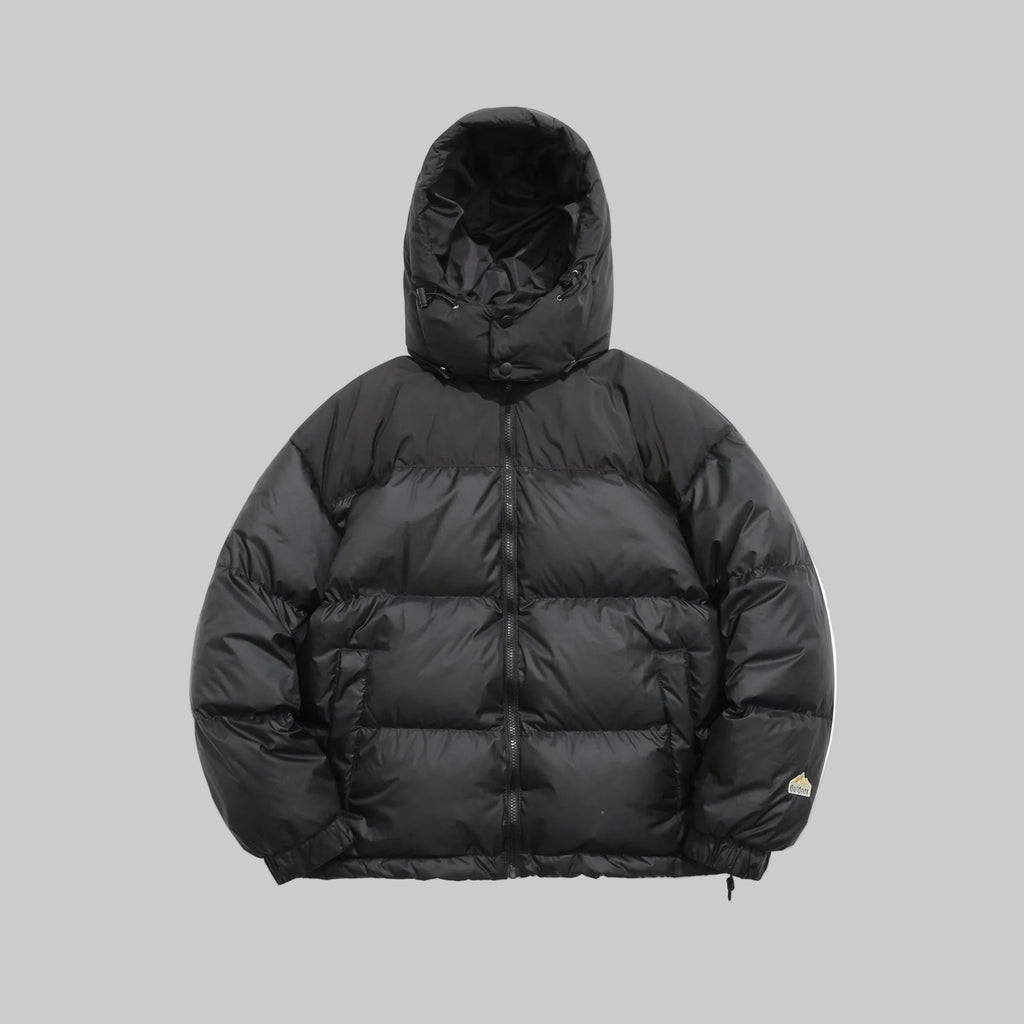 Hooded down puffer jacket in black with full-zip front and ribbed cuffs