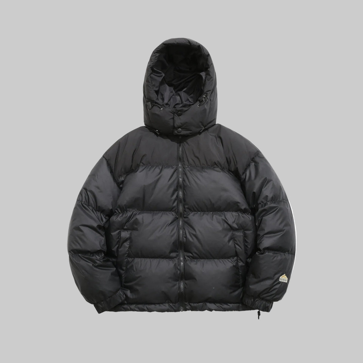 Hooded down puffer jacket in black with full-zip front and ribbed cuffs