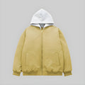 Detachable hooded flight jacket, butter yellow with gray hood, front zip and pockets