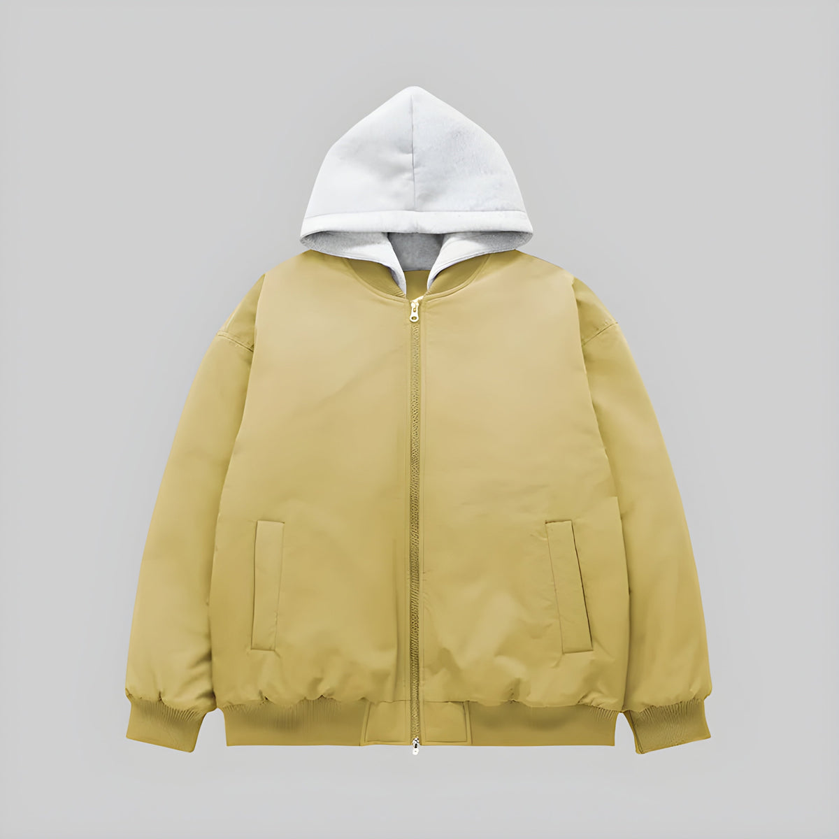 Detachable hooded flight jacket, butter yellow with gray hood, front zip and pockets