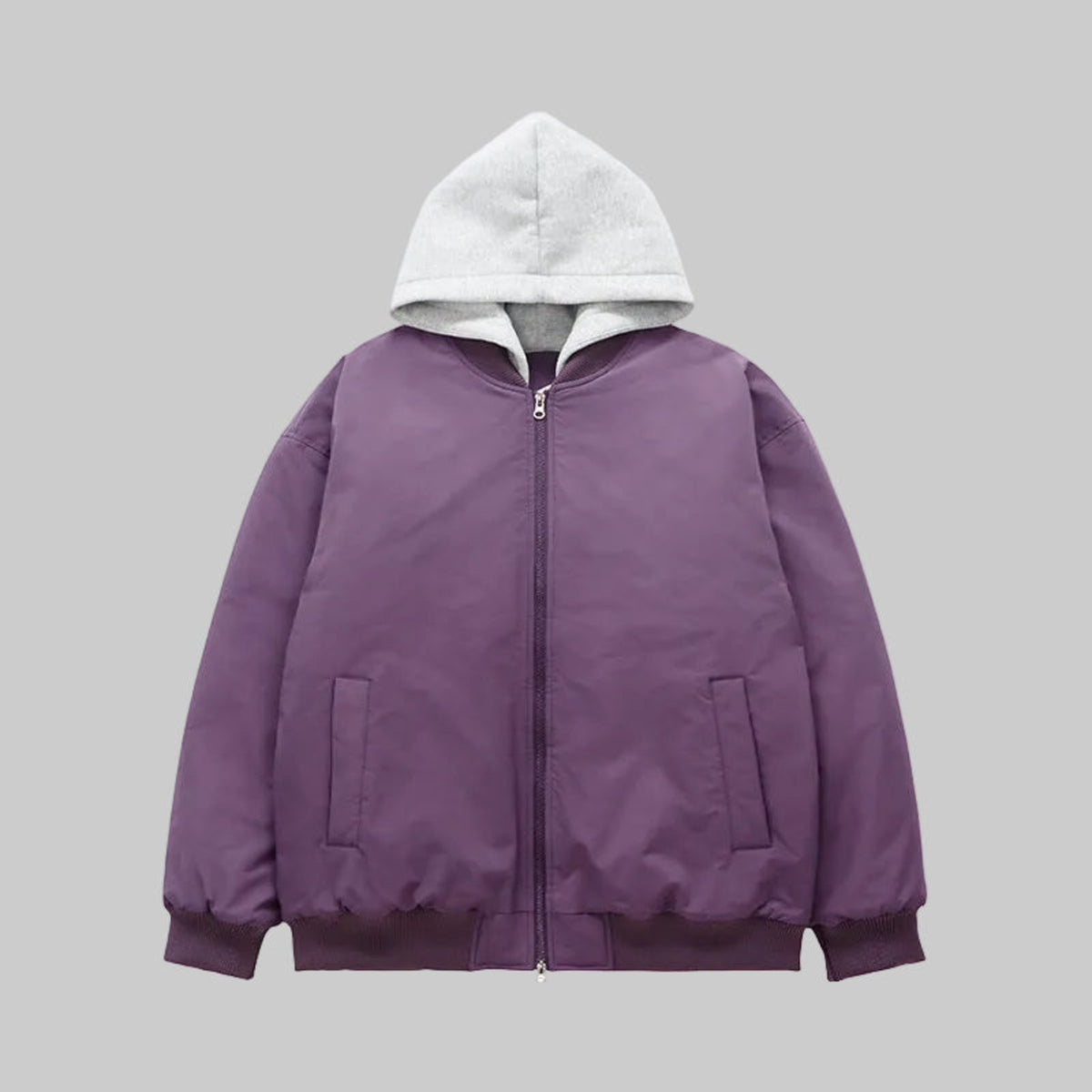 Detachable hooded flight jacket, lilac purple with gray hood, front zip and pockets