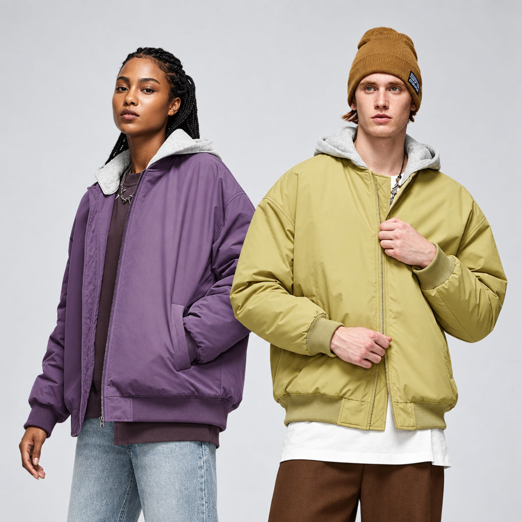 Detachable hooded flight jacket with detachable gray hood, lilac and butter yellow shown