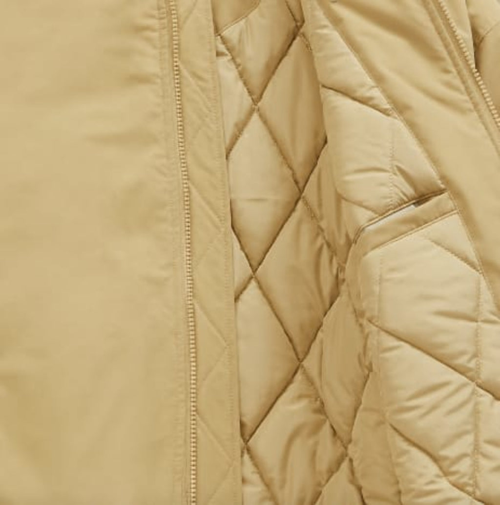 Detachable hooded flight jacket lining close-up, quilted butter yellow with stitched seams