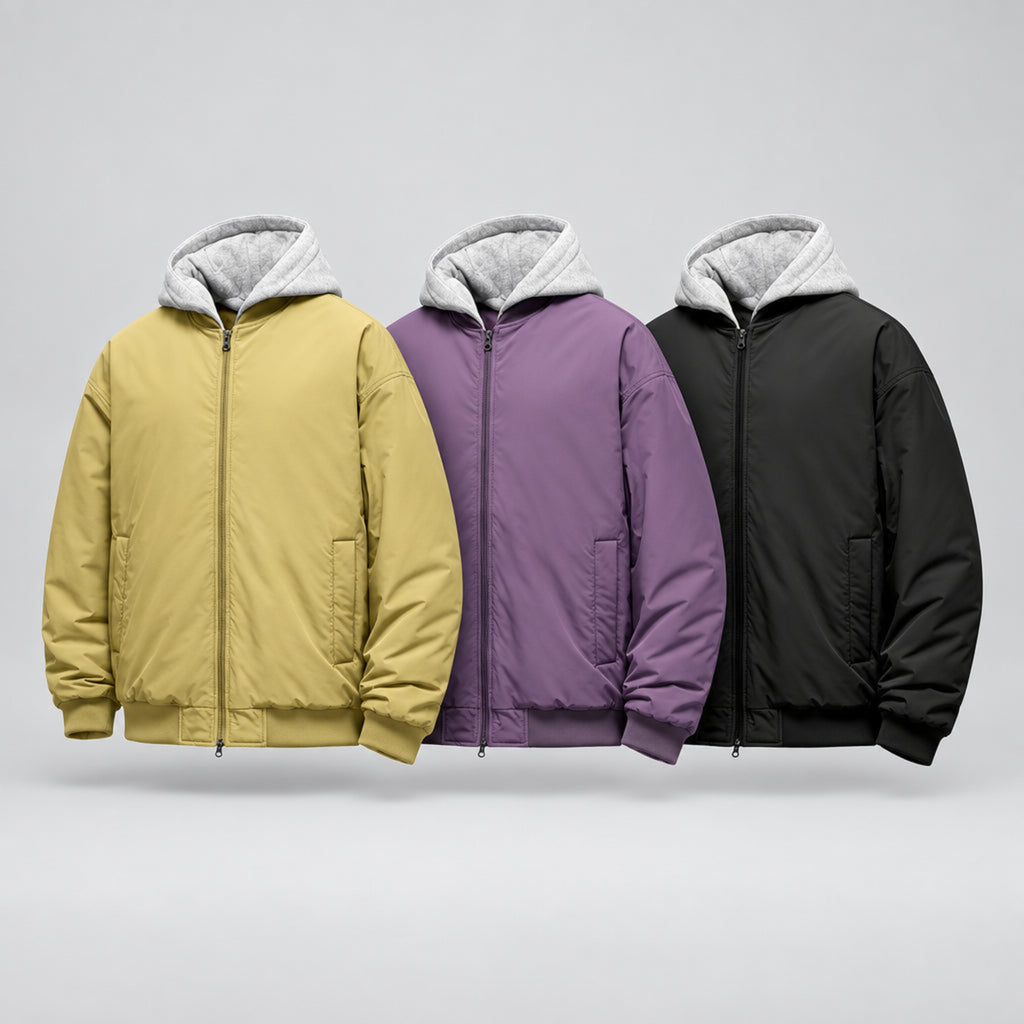 Detachable hooded flight jacket trio, gray hoods in butter, lilac, and black