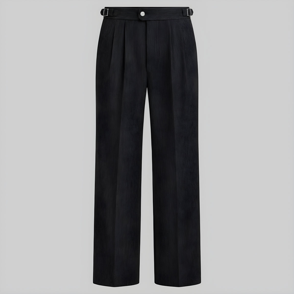 Obsidian corduroy drape trousers with belt loops, button waistband, and wide straight legs