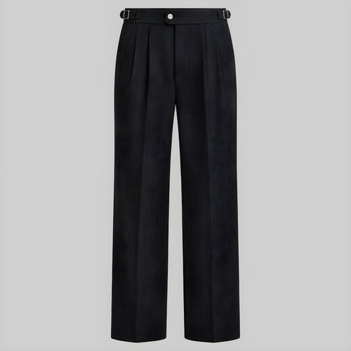 Obsidian corduroy drape trousers with belt loops, button waistband, and wide straight legs