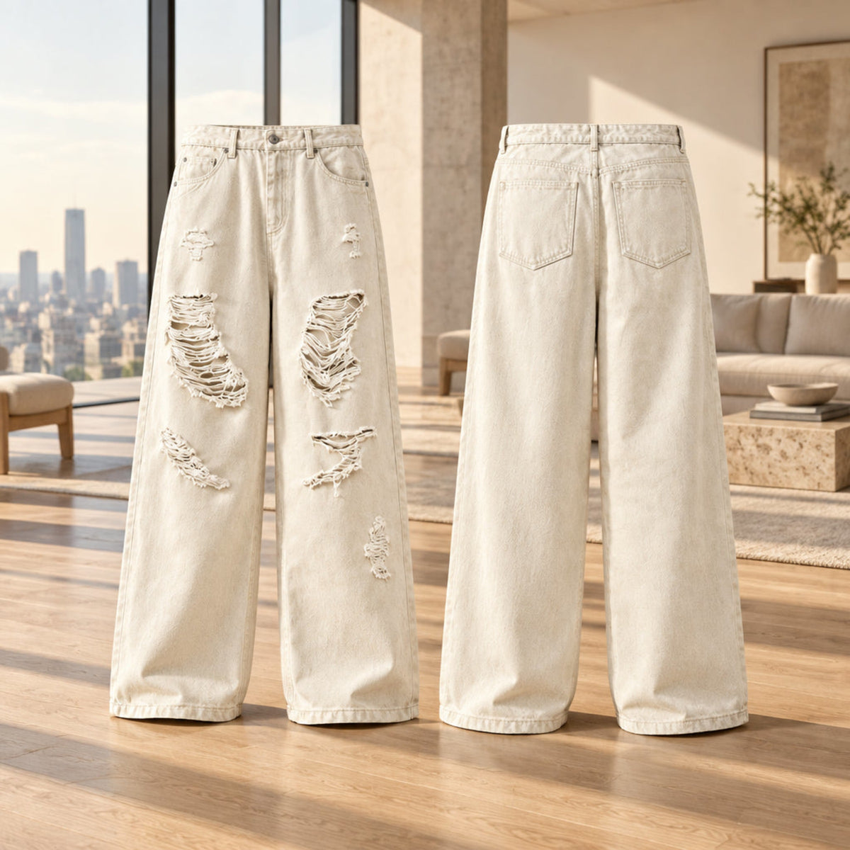 Ecru wide-leg jeans set with distressed front panels and clean back pockets
