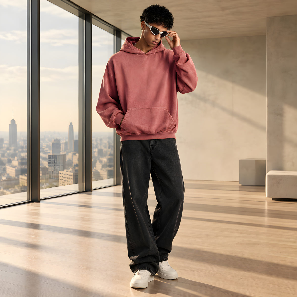 Distressed heavyweight hoodie in faded oxblood with front pocket and hood
