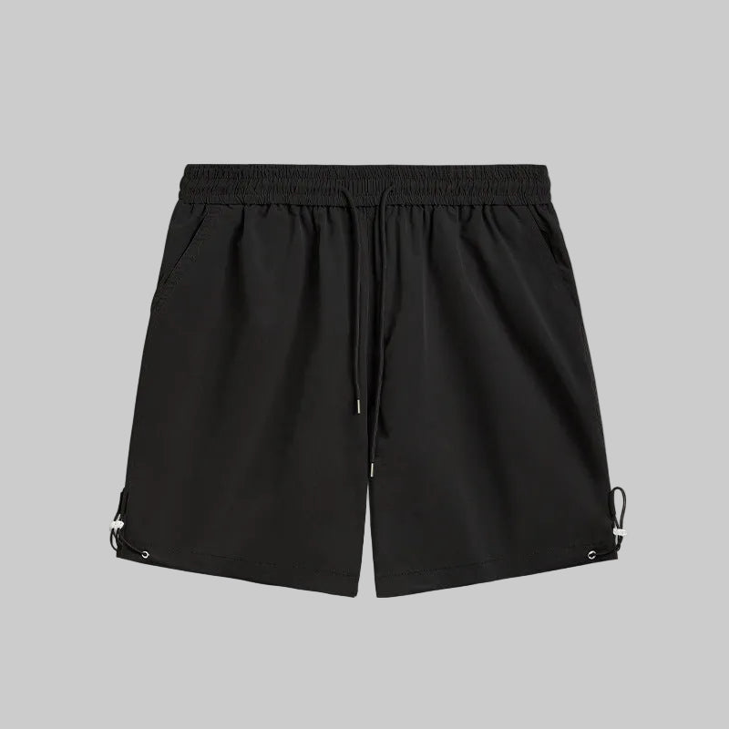 Black utility pocket shorts with elastic waistband, drawstring, side pockets