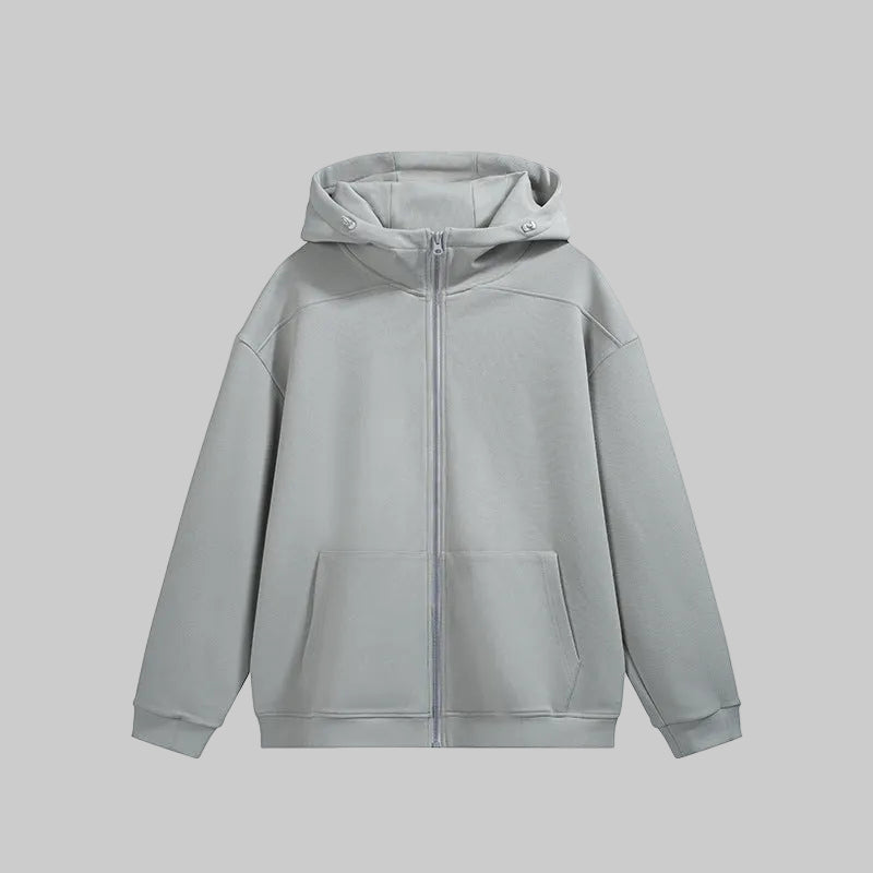 Light gray zip-front fleece hoodie with hood, full-length zipper, and front pockets