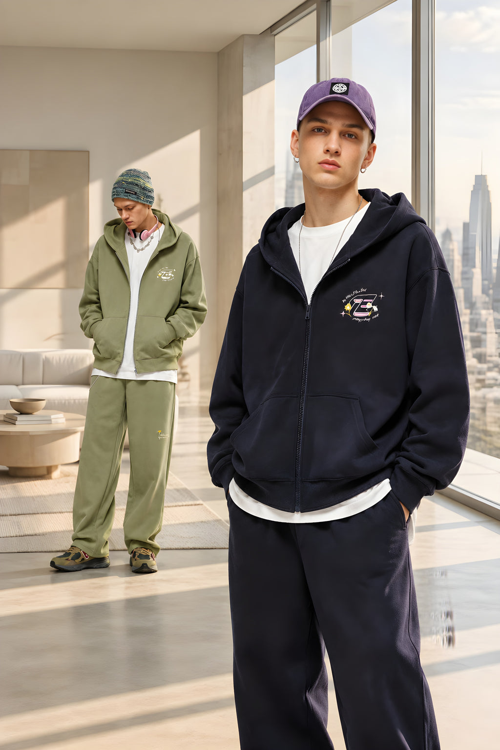 Midnight embroidered zip hoodie with hood and front pockets, full-length zipper