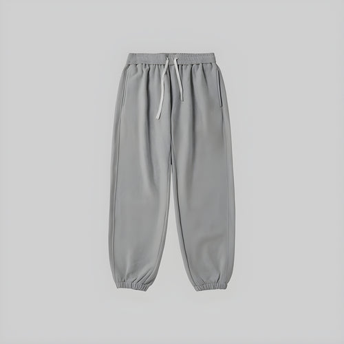 Brushed relaxed sweatpants in heather gray, elastic waistband with drawstring, cuffed hems