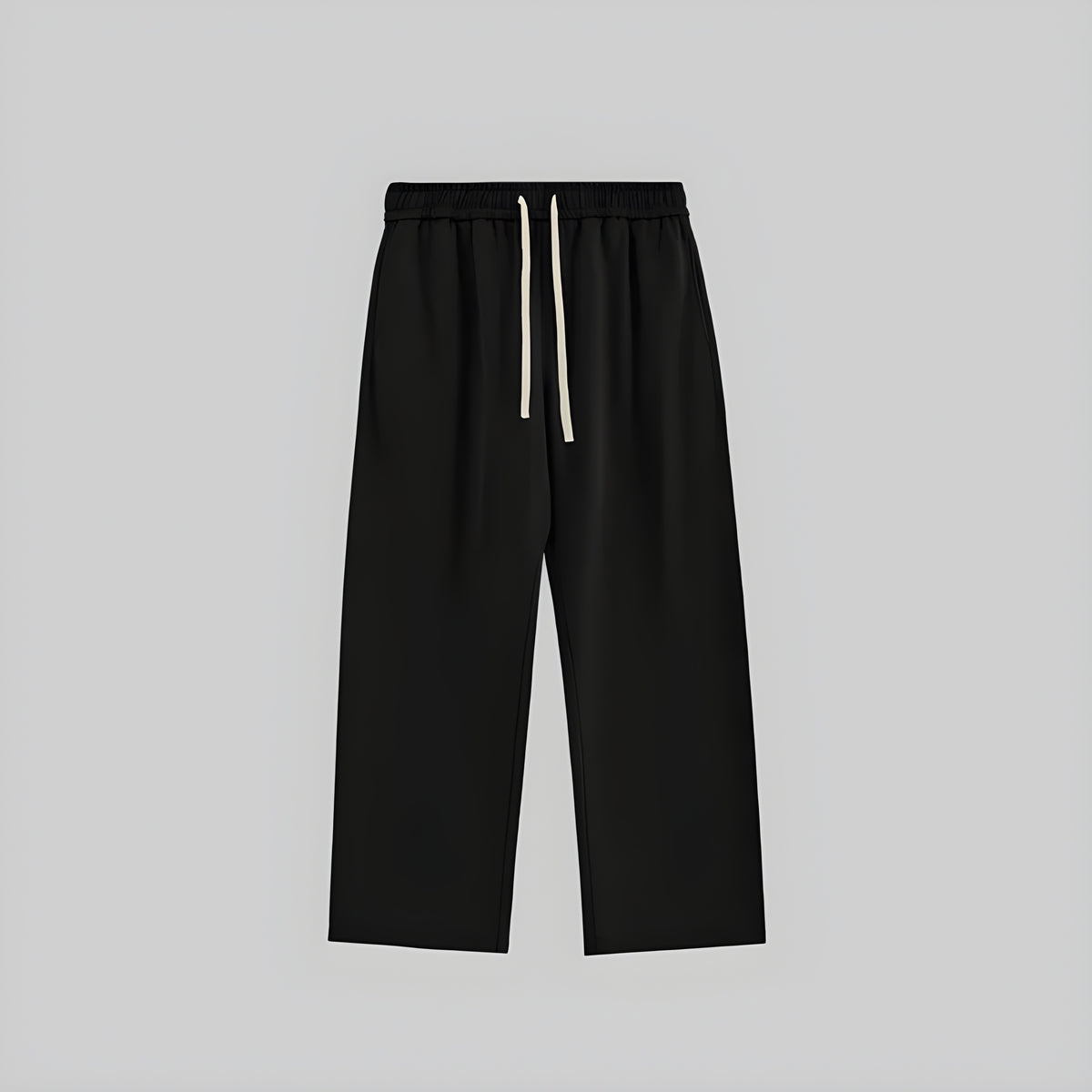 Black heavyweight straight trousers with elastic waistband and adjustable drawstring