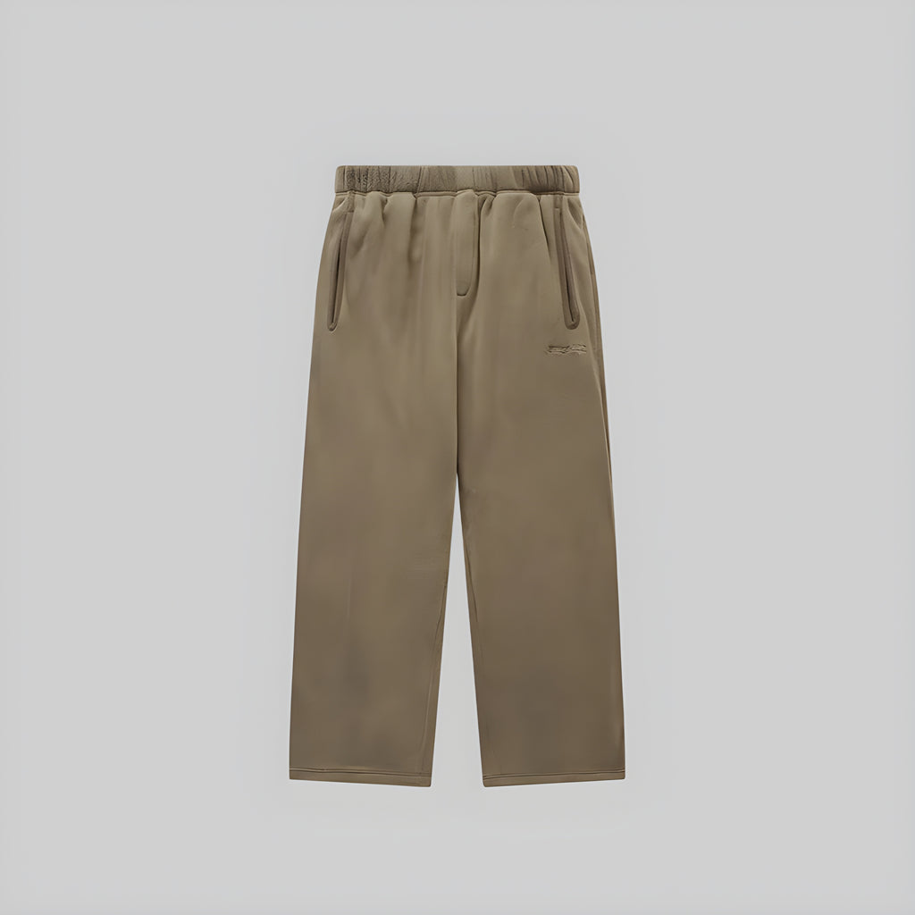 Deep khaki brushed wide-leg trousers with elastic waistband and drawstring pockets
