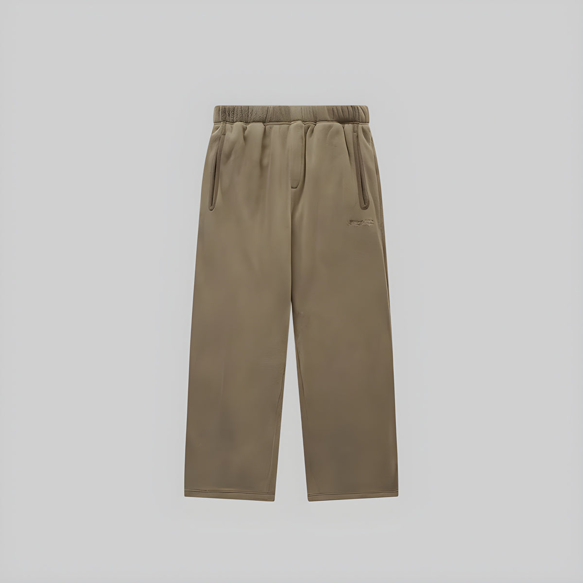 Deep khaki brushed wide-leg trousers with elastic waistband and drawstring pockets