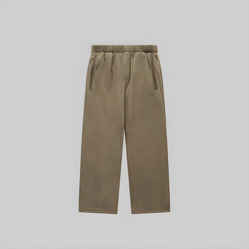 Deep khaki brushed wide-leg trousers with elastic waistband and drawstring pockets