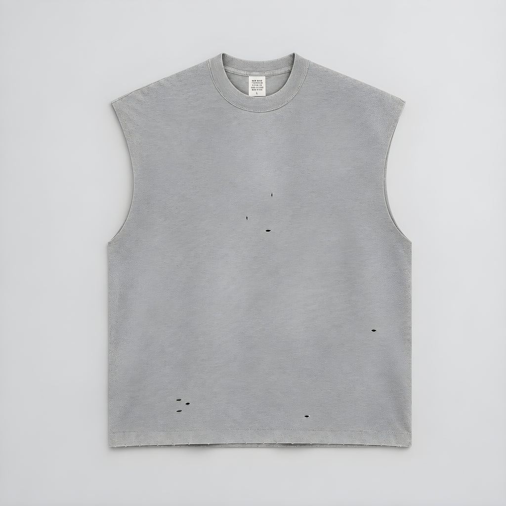 Light gray distressed sleeveless tee with crew neck and small wear holes