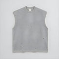 Light gray distressed sleeveless tee with crew neck and small wear holes