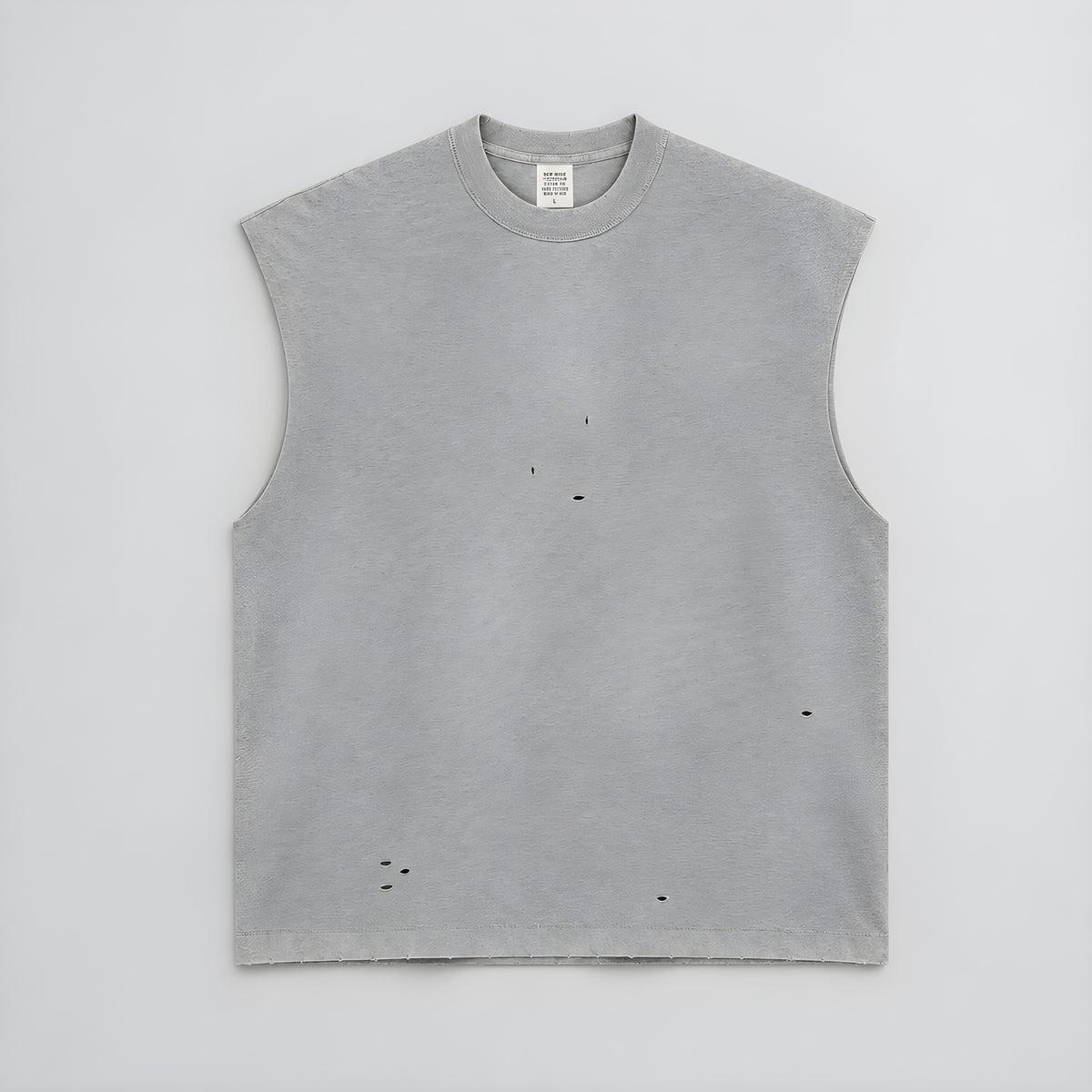 Light gray distressed sleeveless tee with crew neck and small wear holes