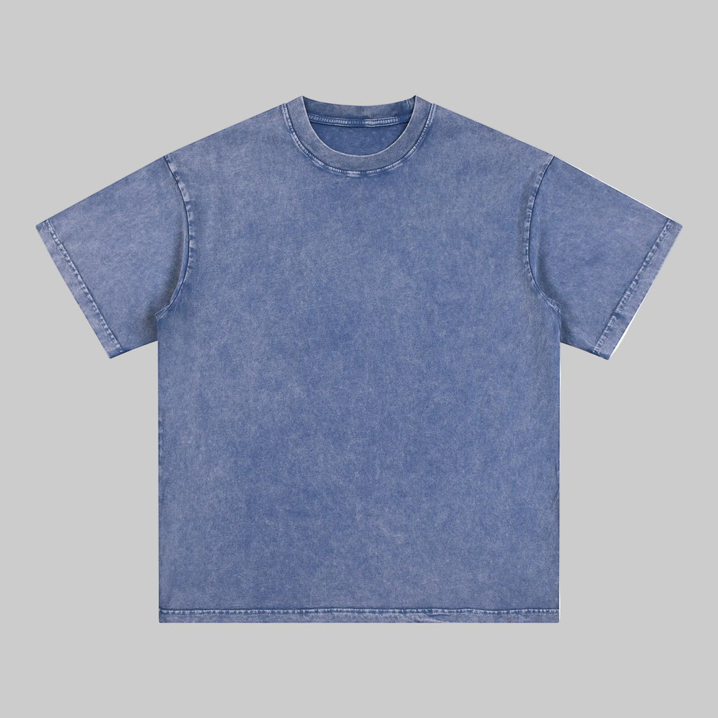 Distressed crew-neck short-sleeve tee in washed blue