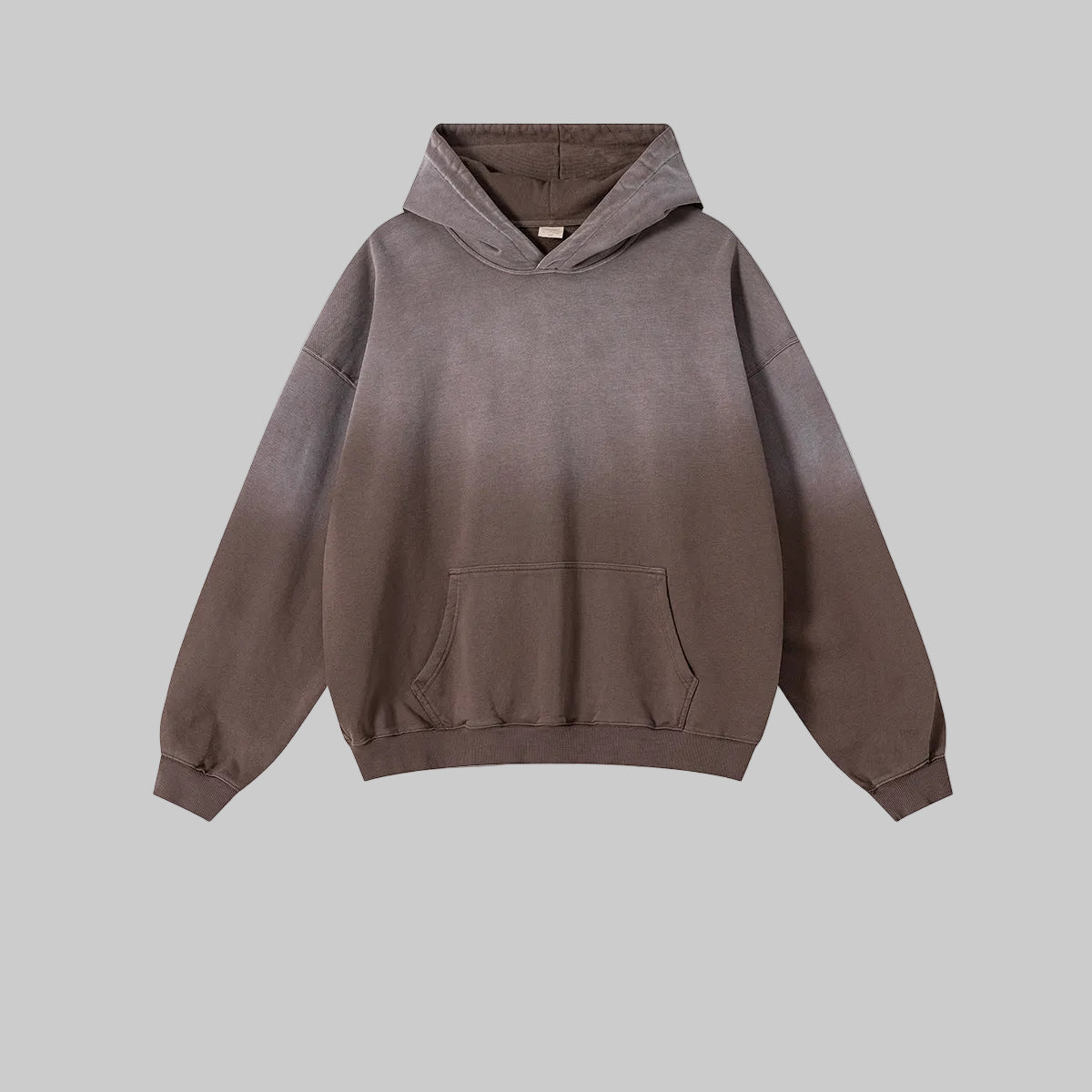 Distressed heavyweight hoodie in faded walnut brown with front pocket and hood