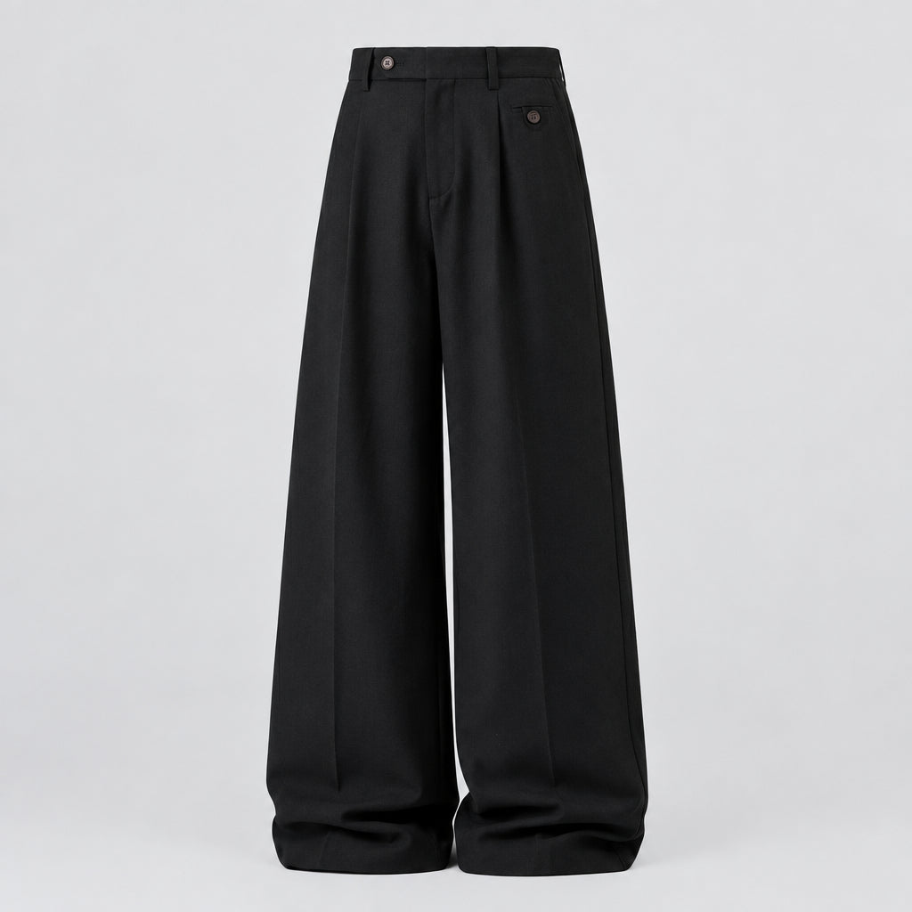 Pleated drape trousers in black, high-waist wide leg with pleats and button closure.